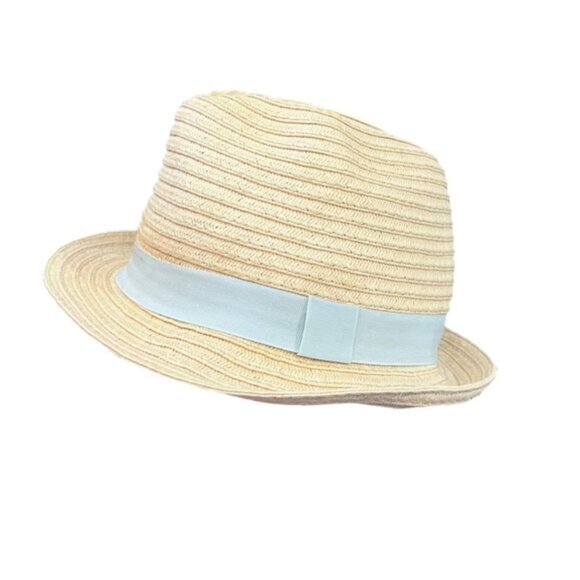 Straw Fedora Hat Preppy BOHO Cottagecore Pool Beach Travel Light Blue Ribbon‎ - Picture 1 of 9